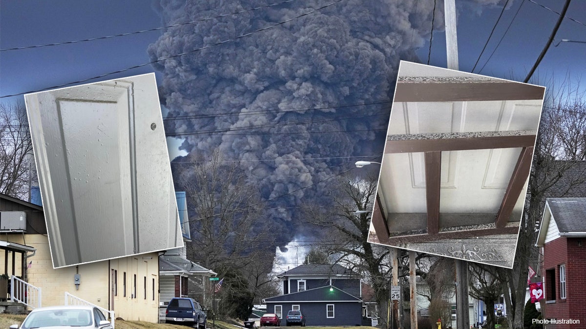 black smoke clouds in East Palestine residential area