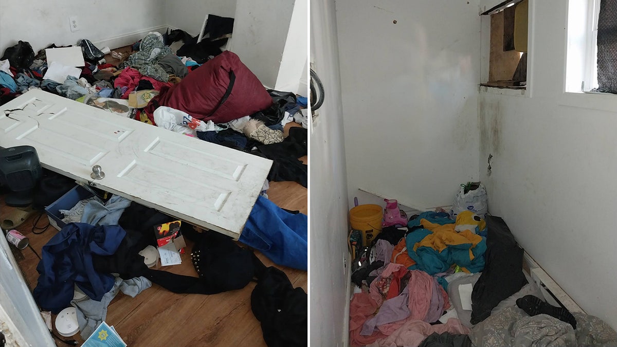 Side-by-side photos show a mess of clothing on the floor and a door removed from its hinges