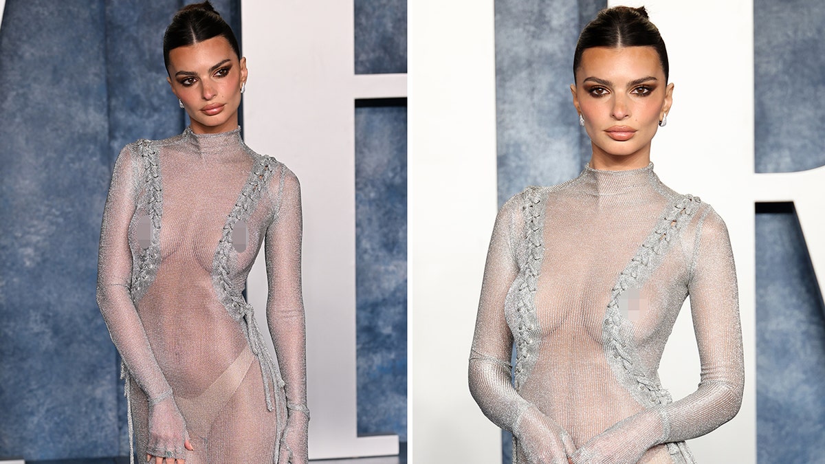 Emily Ratajkowski looks to her left in a sheer dress, exposing her breasts and tan underwear at the Vanity Fair Oscar party split closer up photo of Emily in her outfit