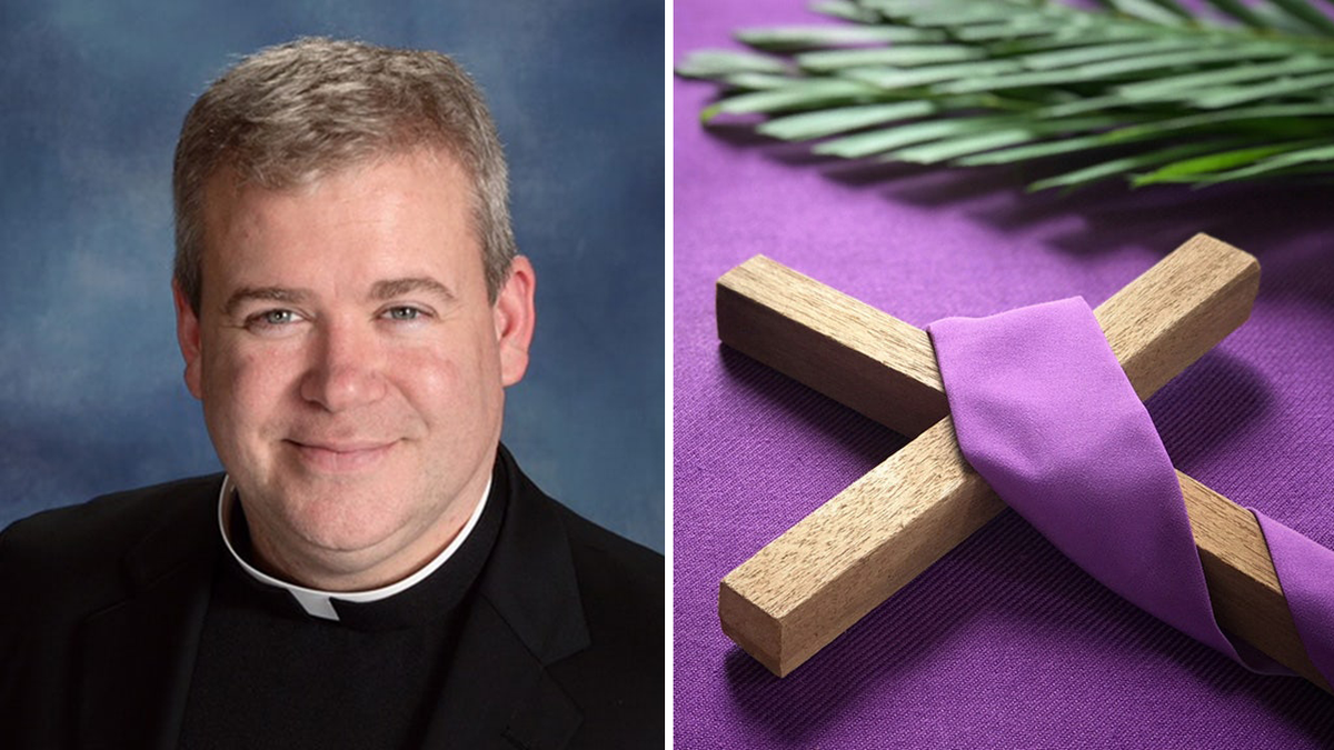 Fr. Jeffrey Kirby, cross draped in purple