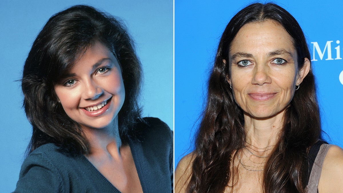 Justine Bateman tilts her heads wearing a blue shirt against a blue backdrop for "Family Ties" split Justine Bateman with long wavy hair soft smiles on the red carpet