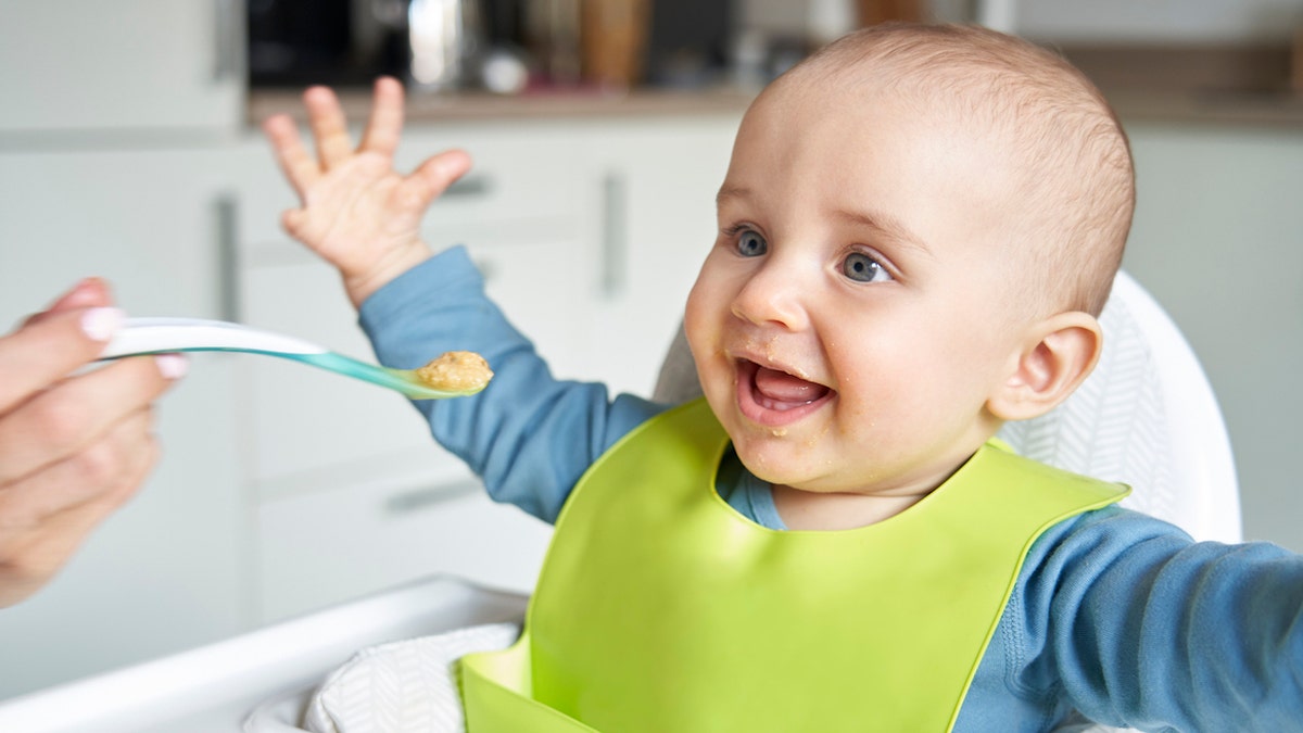 Feeding baby in highchair