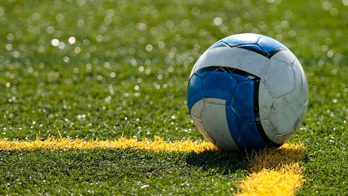 A soccer ball lays on a yellow line of a soccer field. The Egyptian Football Association has suspended a referee who used a crowd member’s phone to review a goal made in a match between Suez and Al-Nasr.