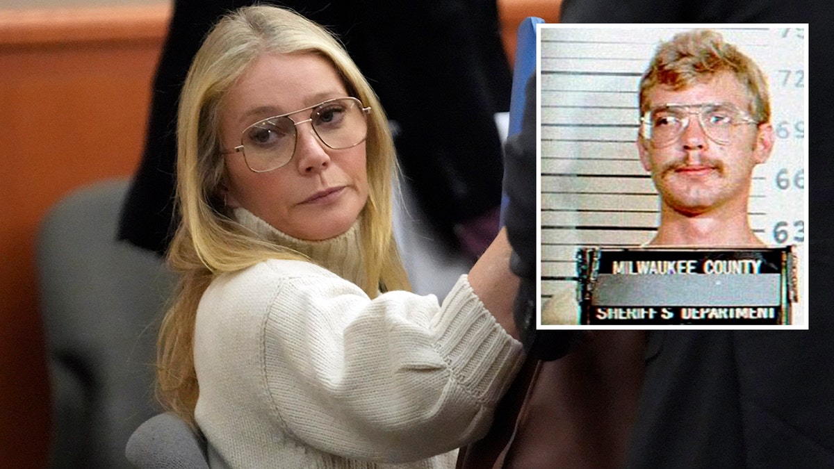 Gwyneth Paltrow looks back with transparent rounded glasses in court during her ski accident trial inset a photo of serial-killer Jeffrey Dahmer behind bars wearing transparent glasses that are similar to Paltrow's