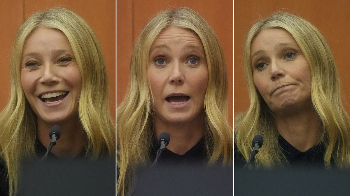 Gwyneth Paltrow laughs while giving testimony, split Gwyneth has her mouth open talking giving testimony, Gwyneth leans her head to the side giving testimony