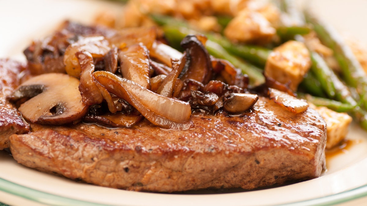 High-fat low-carb meal steak mushrooms