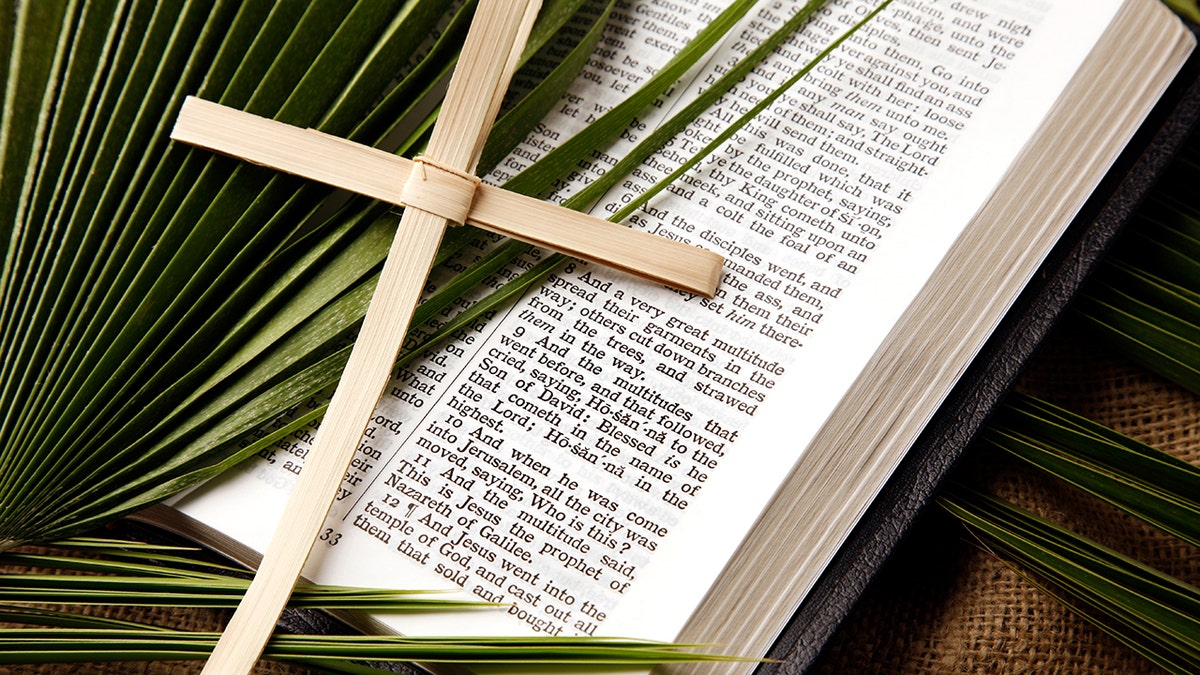 Cross made of palms on a bible
