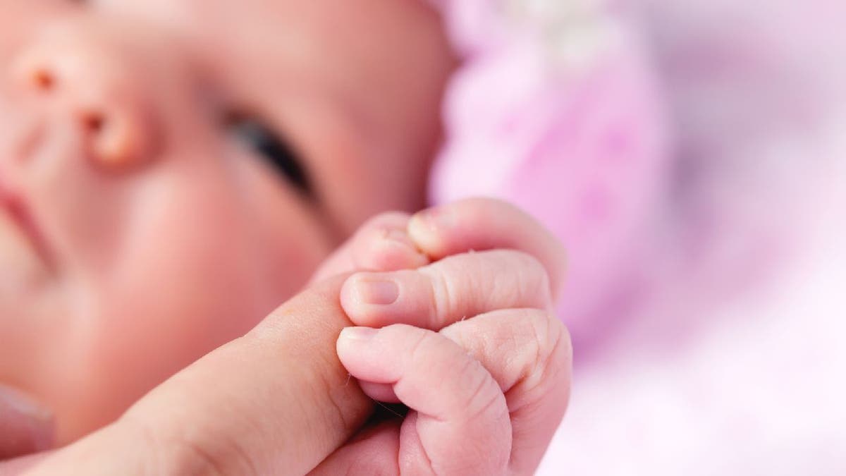 Parent holds baby girl's hand