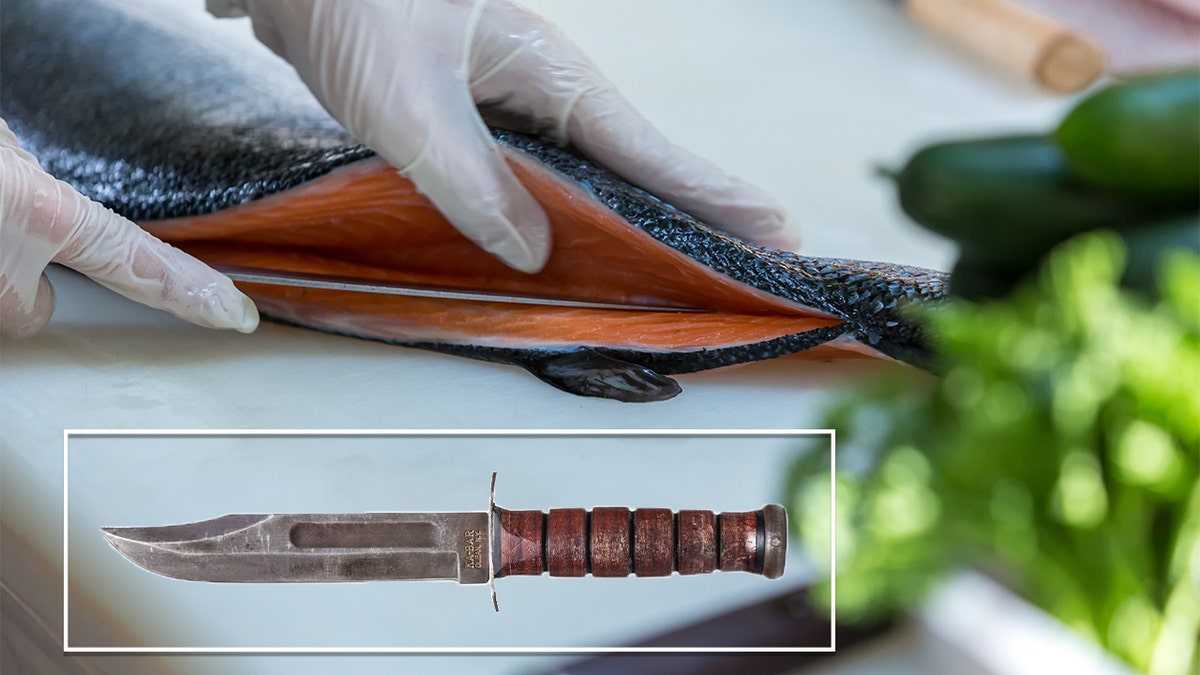 A person fillets a fish, inset: a ka-bar knife