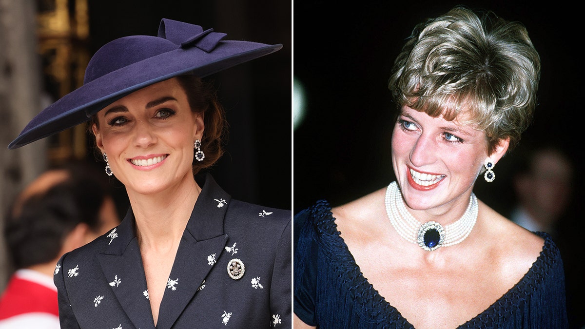 Kate Middleton at Westminster Abbey wearing a pair of diamond and sapphire earrings that previously belonged to Princess Diana split Princess Diana wearing massive sapphire, diamond and pearl choker and the same earrings