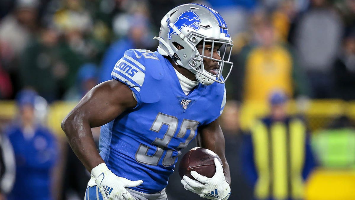 Detroit Lions running back Kerryon Johnson (33) runs the ball during the  first half of an NFL football game against the Carolina Panthers in Detroit,  Michigan USA, on Sunday, November 18, 2018. (