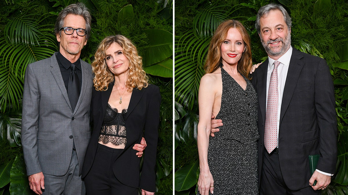 Kevin Bacon in a grey suit and pants with a black shirt and tie with his arm around wife Kira Sedwick in a lace top and black suit split Leslie Mann in a sparkly black dress with husband Judd Apatow in a black checkered suit with a tie
