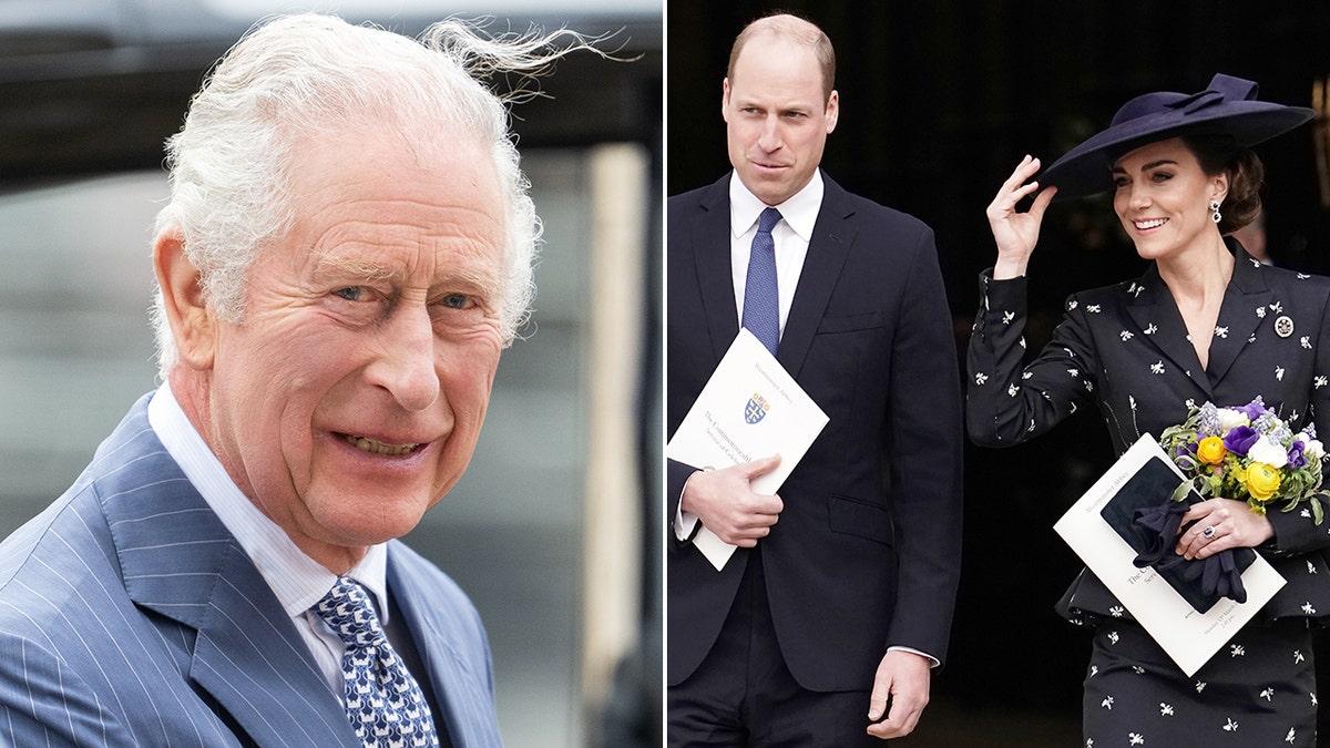 King Charles looks at the camera in a blue pinstripe suit with a wisp of his hair blowing in the wind split Prince William in a navy suit and blue tie and Kate Middleton in a black patterned suit and large navy hat smile as they leave Westminster Abbey