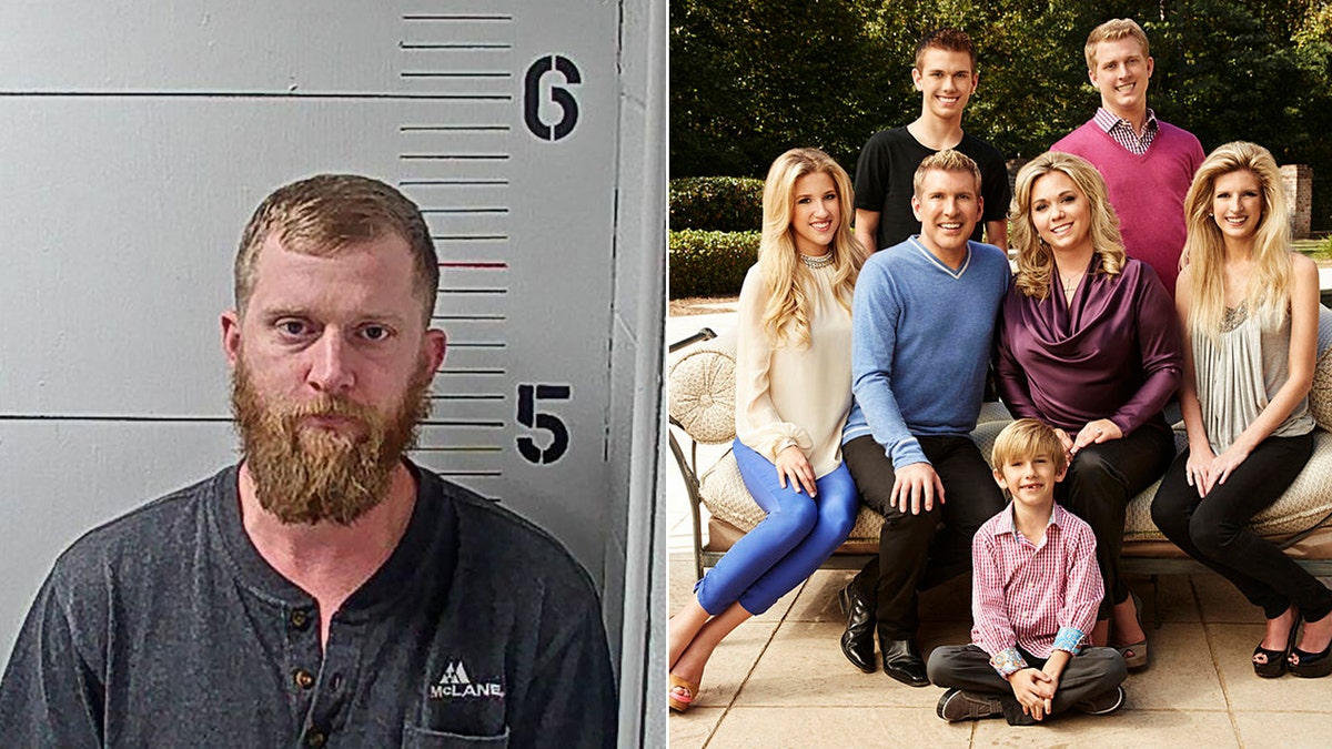 Kyle Chrisley booking photo next to photo of him with Chrisley family