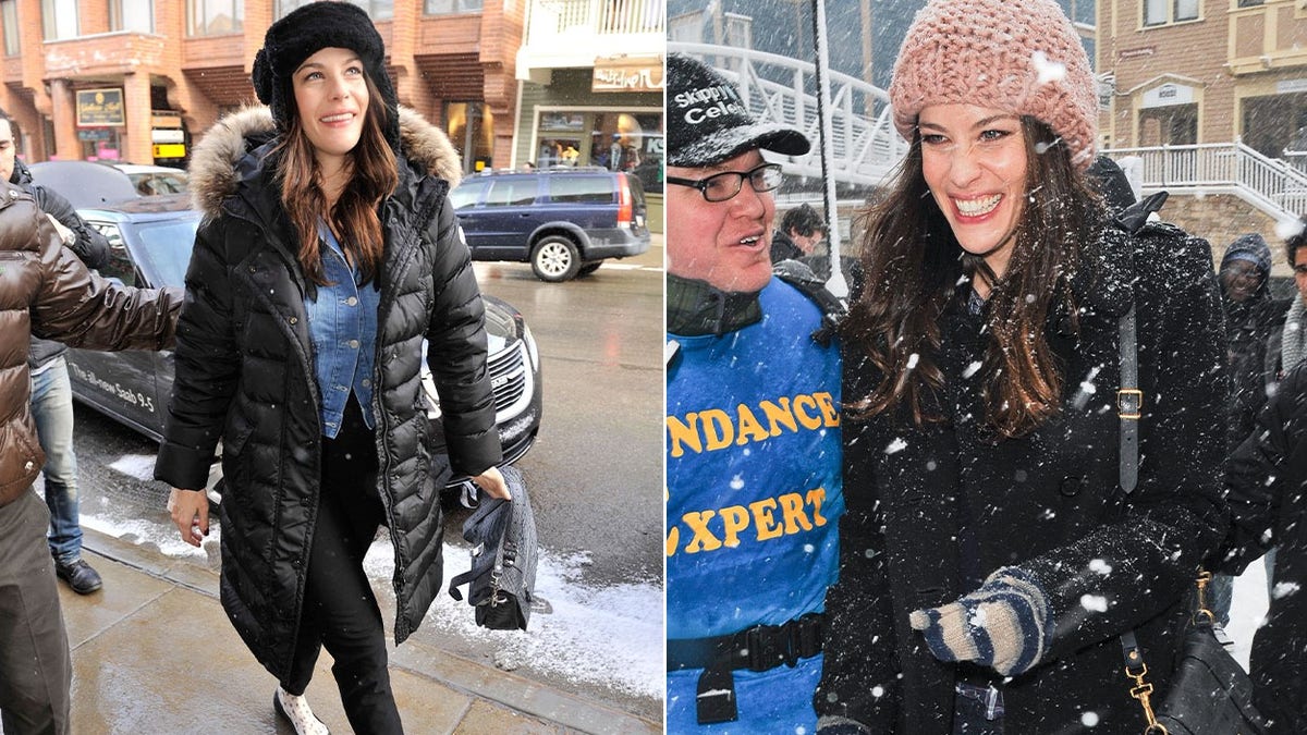Two images of Liv Tyler walking on Main Street in Park City.