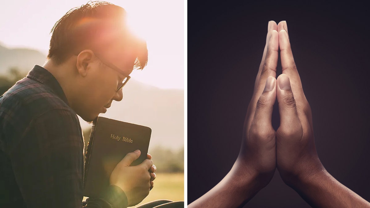 man with bible and praying hands split