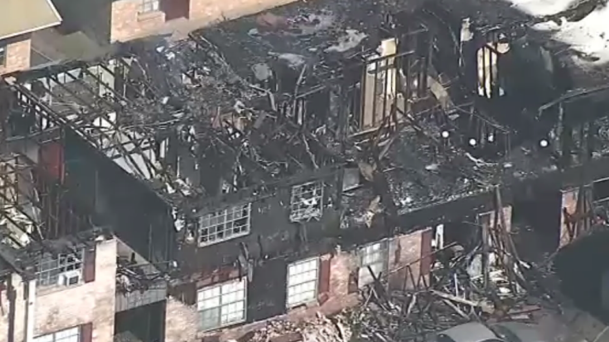 Exterior shot of destroyed apartments