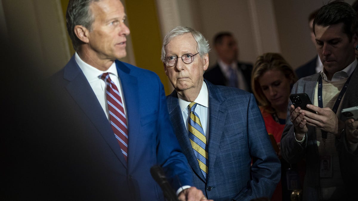 Senate Minority Leader Mitch McConnell, a Republican from Kentucky, during a news conference following the weekly Republican caucus luncheon at the US Capitol in Washington, DC, US, on Tuesday, March 7, 2023.