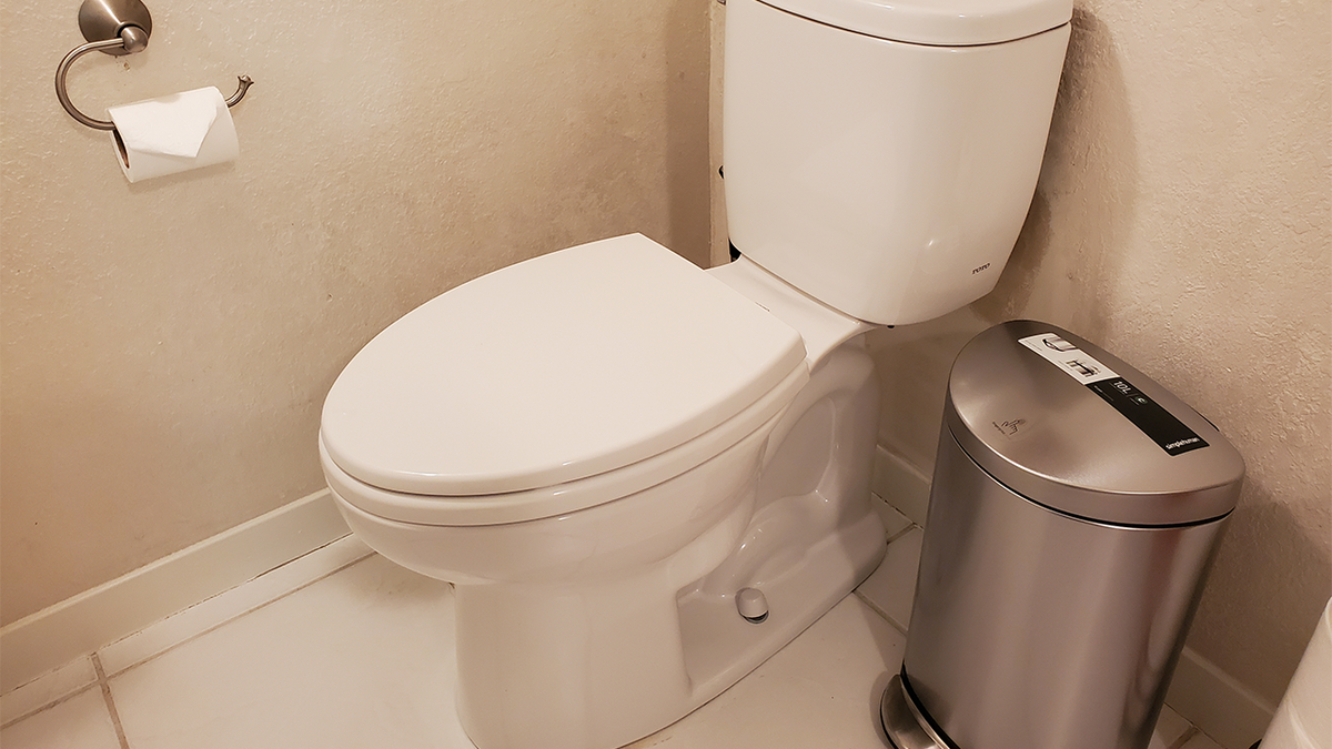 toilet and wastebasket in bathroom