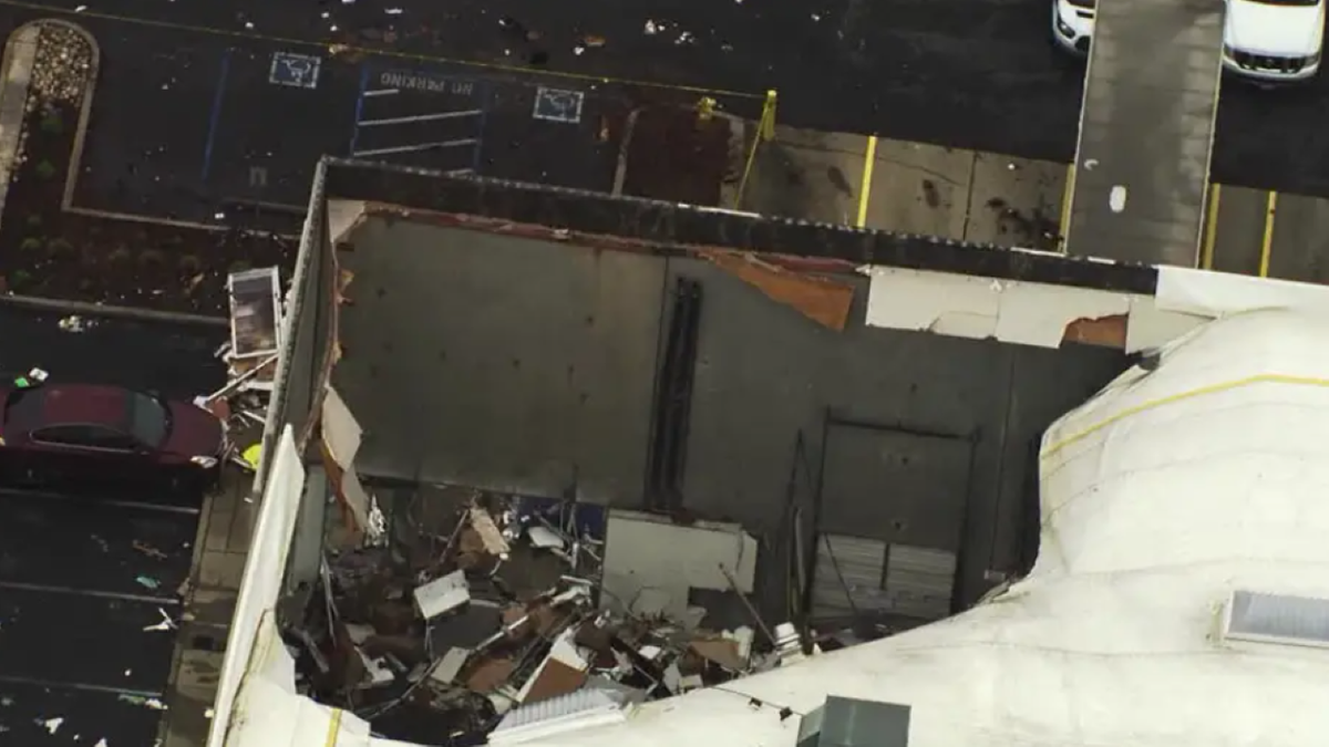 Aerial of collapsed warehouse roof