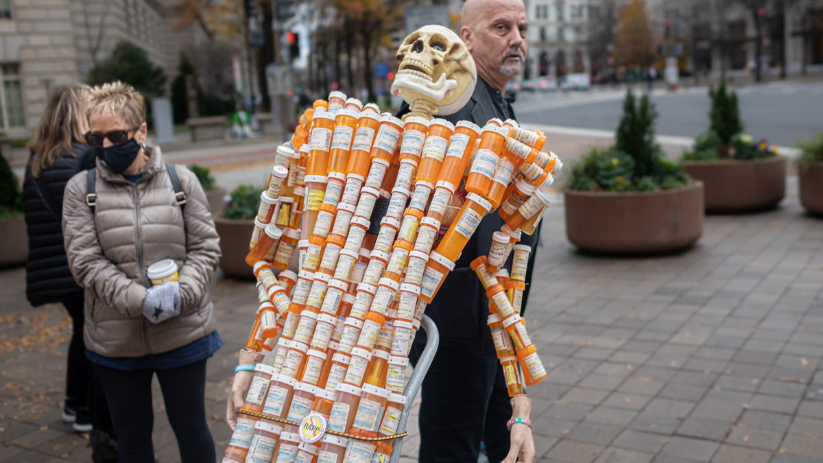 Skeleton made of oxycontin bottles