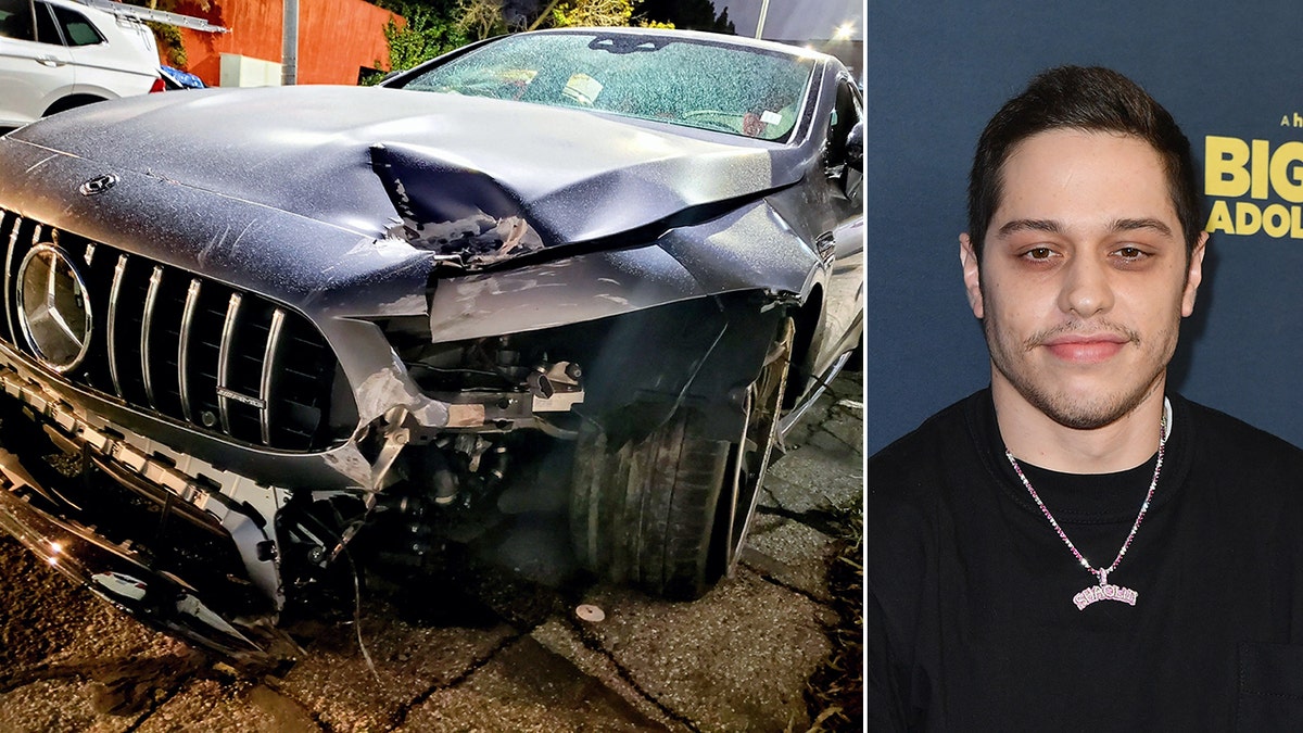 Side by side photo of Pete Davidson and wrecked car