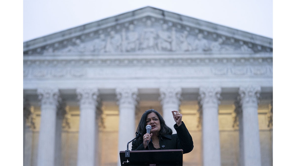 Rep. Pramila Jayapal speaks during a rally outside the U.S. Supreme Court in Washington, D.C., on Dec. 6, 2022.