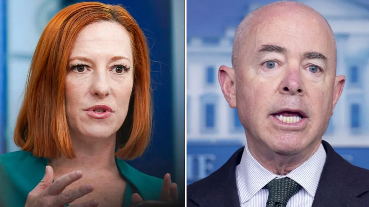 A split image of MSNBC's Jen Psaki and Homeland Security Sec. Alejandro Mayorkas