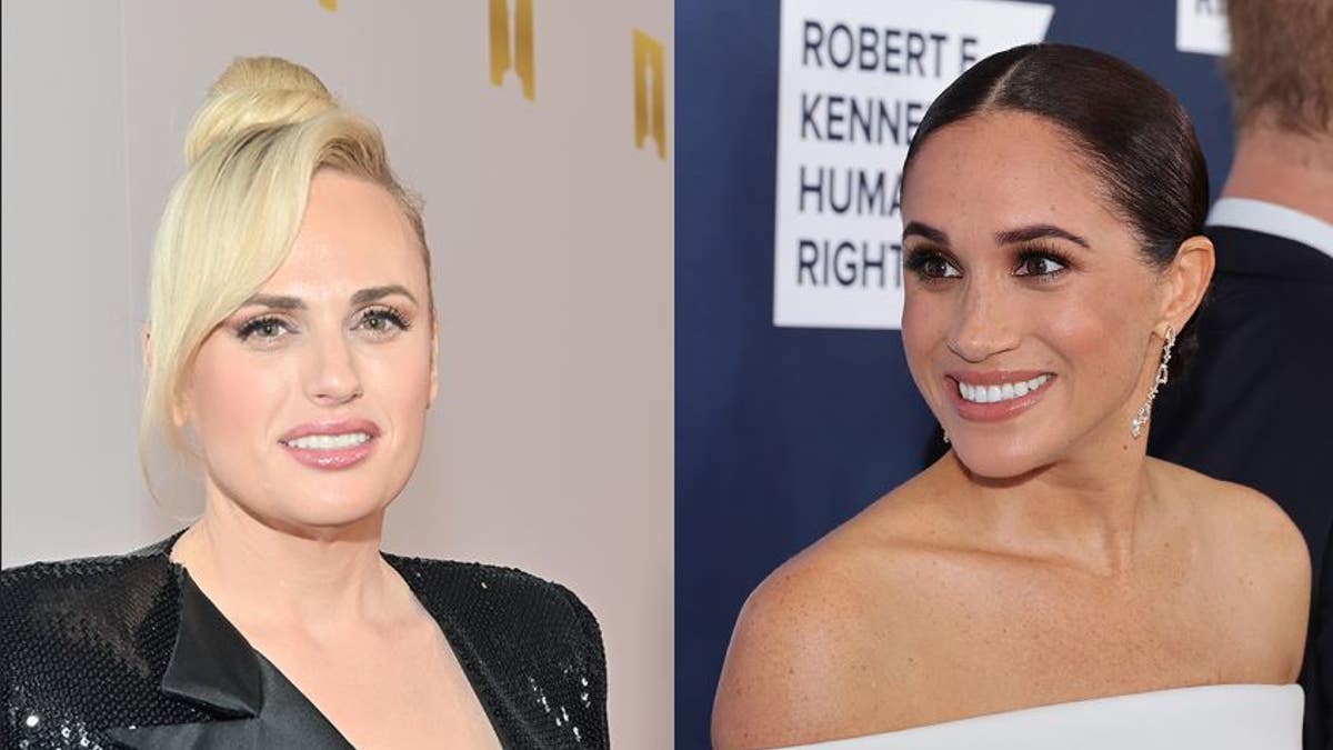 A split of Rebel Wilson and Meghan Markle smiling