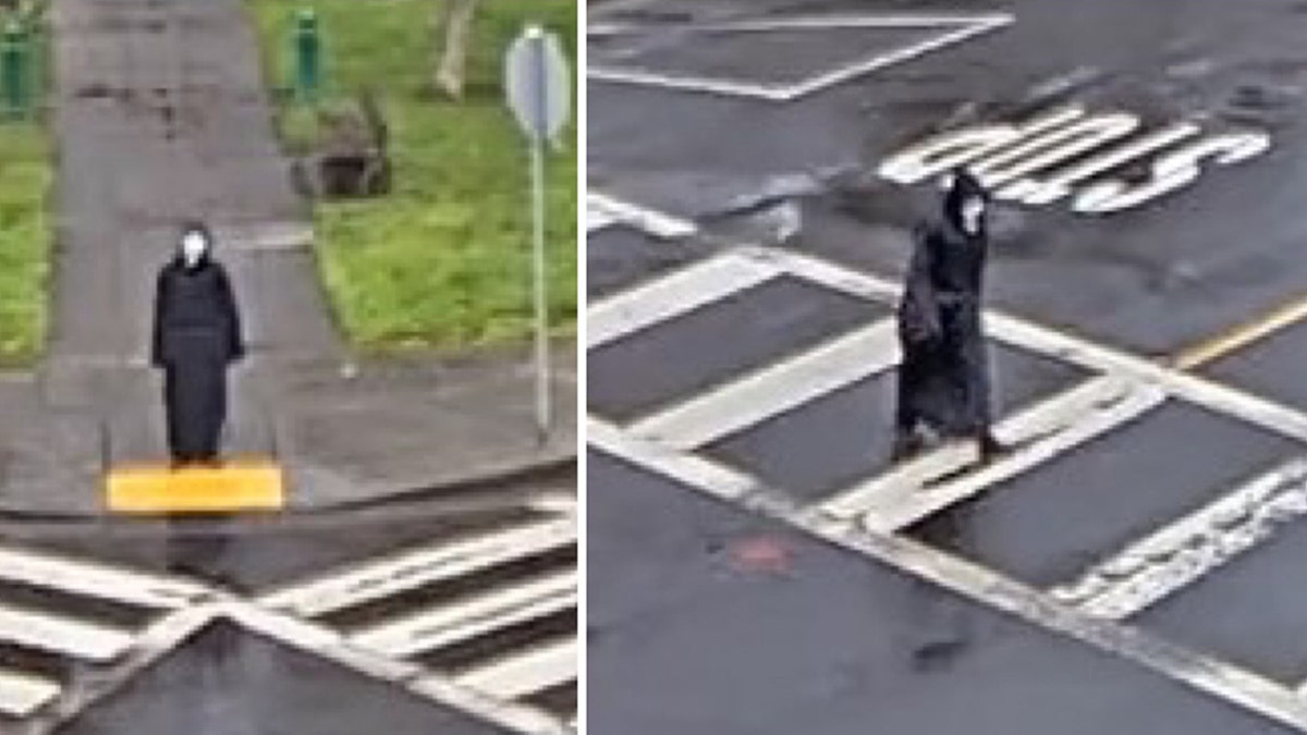man dressed up as the ghostface killer on sidewalk