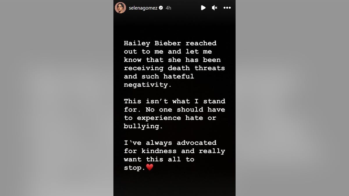 Selena Gomez made a post to her Instagram story asking her fans to leave Hailey Bieber alone.