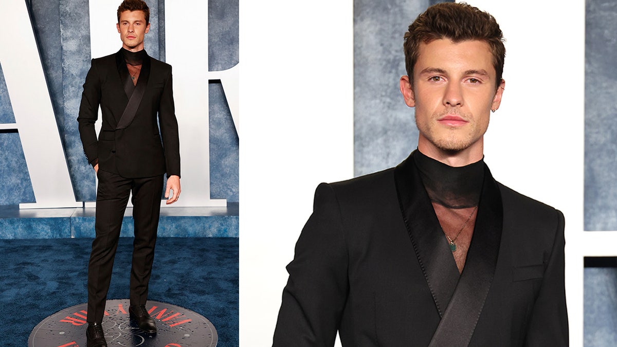 Shawn Mendes sports sheer shirt under black suit at Vanity Fair post Oscars party