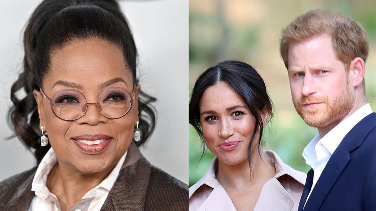 A split of Oprah and Harry and Meghan smiling