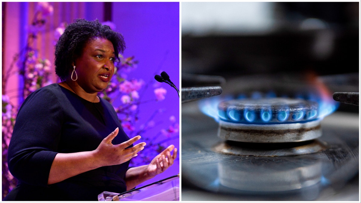 Former Georgia gubernatorial candidate Stacey Abrams, left, and a gas stove.