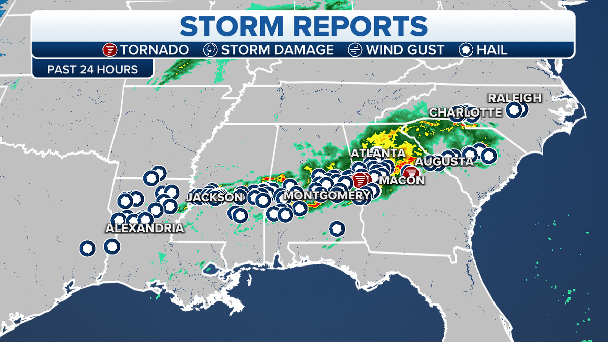 Southeast U.S. storm and tornado locations