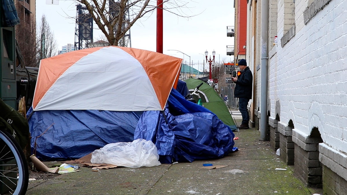 Man looks into an empty tent erected on a Portland sidewalk