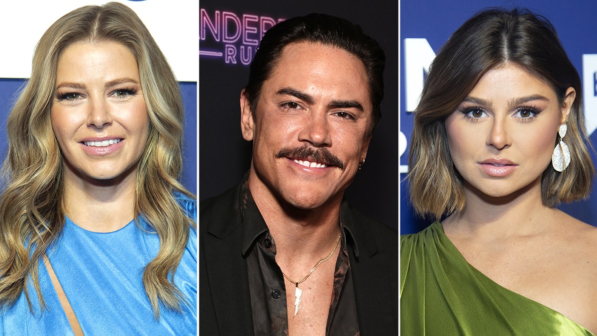 Ariana Madix smiles in a bright blue dress with blonde curled hair split Tom Sandoval in a v-neck black top split Raquel Leviss in an olive one-shoulder dress