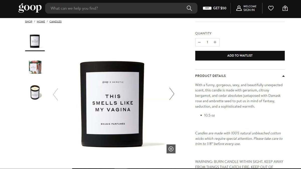 The Goop vagina candle on the website