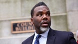 CHICAGO, ILLINOIS - JANUARY 24: Chicago mayoral candidate and Cook County commissioner Brandon Johnson speaks during a press conference outside of City Hall to explain his proposed agenda if elected mayor on January 24, 2023 in Chicago, Illinois. The Chicago mayoral election will be held on February 28.  (Photo by Scott Olson/Getty Images)