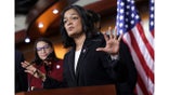 WASHINGTON, DC - APRIL 07: U.S. Rep. Pramila Jayapal (D-WA), joined by Rep. Alexandria Ocasio-Cortez (D-NY), speaks at a news conference on banning stock trades for members of Congress, on Capitol Hill, April 07, 2022 in Washington, DC. Lawmakers have introduced the, Ban Conflicted Trading Act, which would prohibit members of Congress and senior staff from purchasing and selling individual stocks or serving on the board of a for-profit company.
