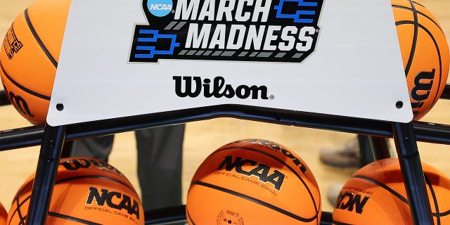 A rack of Wilson basketballs is seen during the Auburn Tigers practice session ahead of the first round of the NCAA Men's Basketball Tournament at Legacy Arena at the BJCC on March 15, 2023 in Birmingham, Alabama. (Photo by Kevin C. Cox/Getty Images)