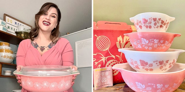Durante, at left, holds one of her Pyrex pieces. On the right sits a stack of pink Pyrex bowls courtesy of Rosie’s Vintage on Long Island, New York.