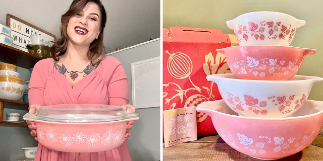 Durante, at left, holds one of her Pyrex pieces. On the right sits a stack of pink Pyrex bowls courtesy of Rosie’s Vintage on Long Island, New York.