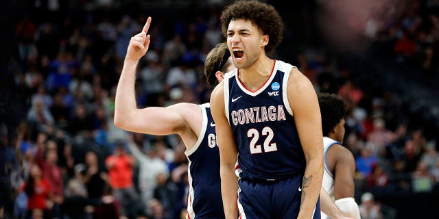 LAS VEGAS, NEVADA - MARCH 23: Anton Watson #22 of the Gonzaga Bulldogs reacts to a play during the second half against the UCLA Bruins in the Sweet 16 round of the NCAA Men's Basketball Tournament at T-Mobile Arena on March 23, 2023 in Las Vegas, Nevada.