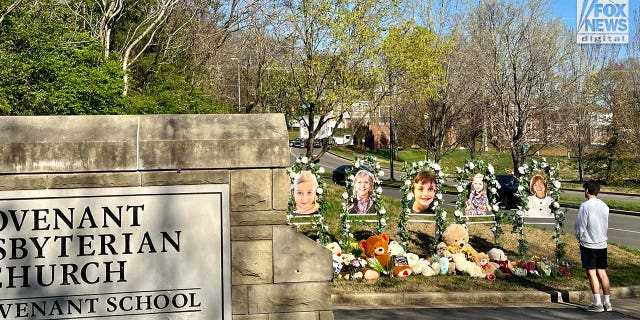 Memorials for the six victims who were killed in a mass shooting are placed outside of The Covenant School in Nashville, Tennessee on Thursday, March 30, 2023. On Monday, three adults and three children were killed inside the school.