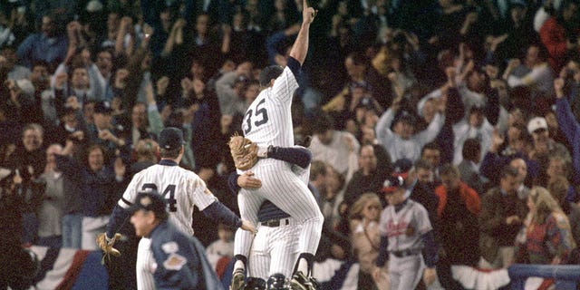 John Wetteland (35) of the New York Yankees celebrates the final out of Game 6 of the 1996 World Series against the Atlanta Braves at Yankee Stadium Oct. 26, 1996, in the Bronx, New York.