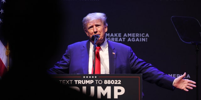 Former President Donald Trump speaks at the Adler Theater on March 13, 2023 in Davenport, Iowa.  Trump's visit follows visits by potential contenders for the Republican presidential nomination, Florida Gov. Ron DeSantis and former UN ambassador Nikki Haley, who hosted events in the state last week. 