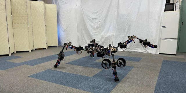 The SPIDAR is a quadruped robot with joints at the hip and knee of each leg for movement.