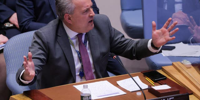 Ukrainian Ambassador Sergiy Kyslytsya addresses the Security Council amid Russia's invasion of Ukraine at the U.N. headquarters in New York City, April 5, 2022.