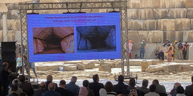 An image of a hidden corridor inside the Great Pyramid of Giza was shown during a press conference led by Egyptian Minister of Tourism and Antiquities Ahmed Issa.